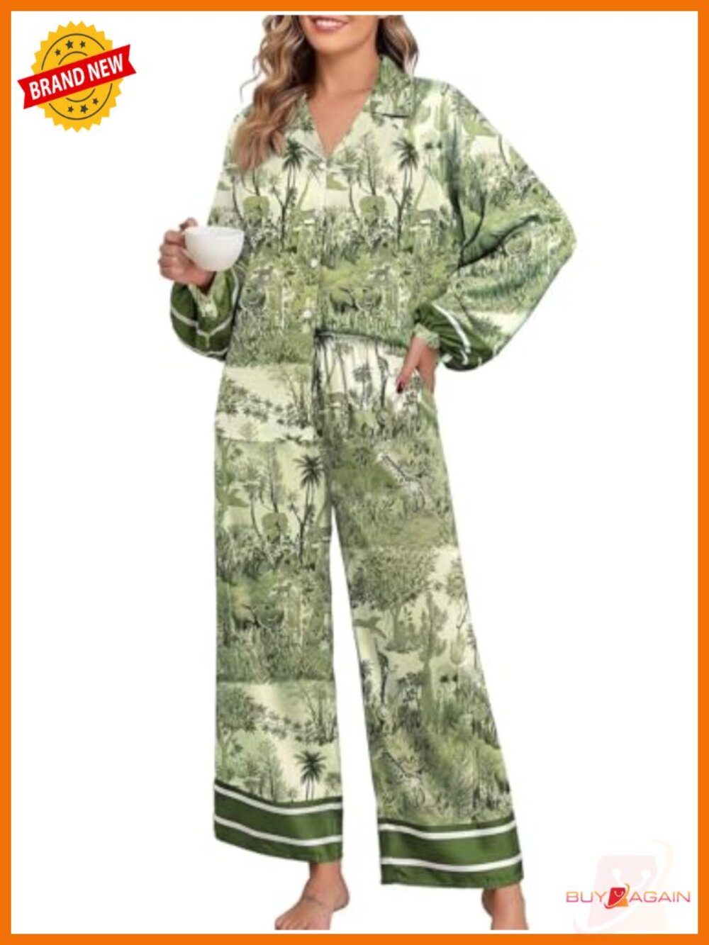 Silk Satin Pajama Set 2 Piece Long Sleeve Button Down Wide Leg Pjs